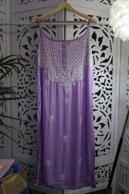 MODAL CHIKANKARI NOODLE STRAP KURTA- PASTEL PURPLE