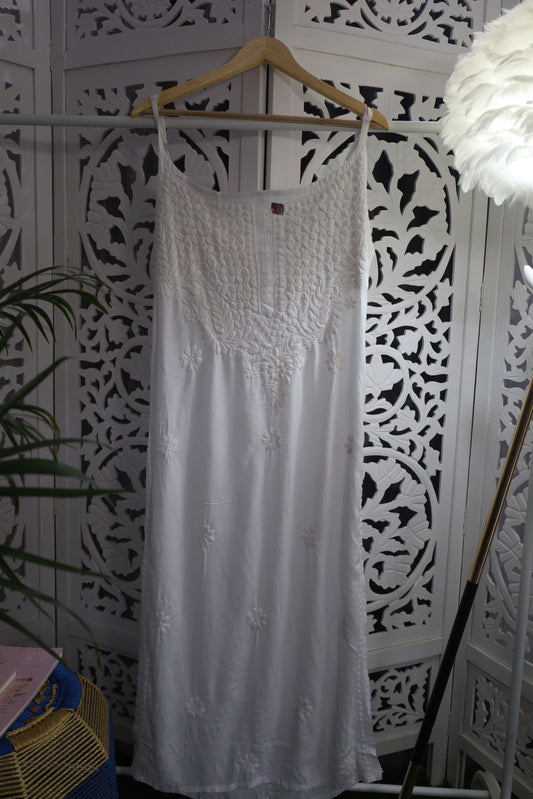 MODAL CHIKANKARI NOODLE STRAP KURTA- WHITE