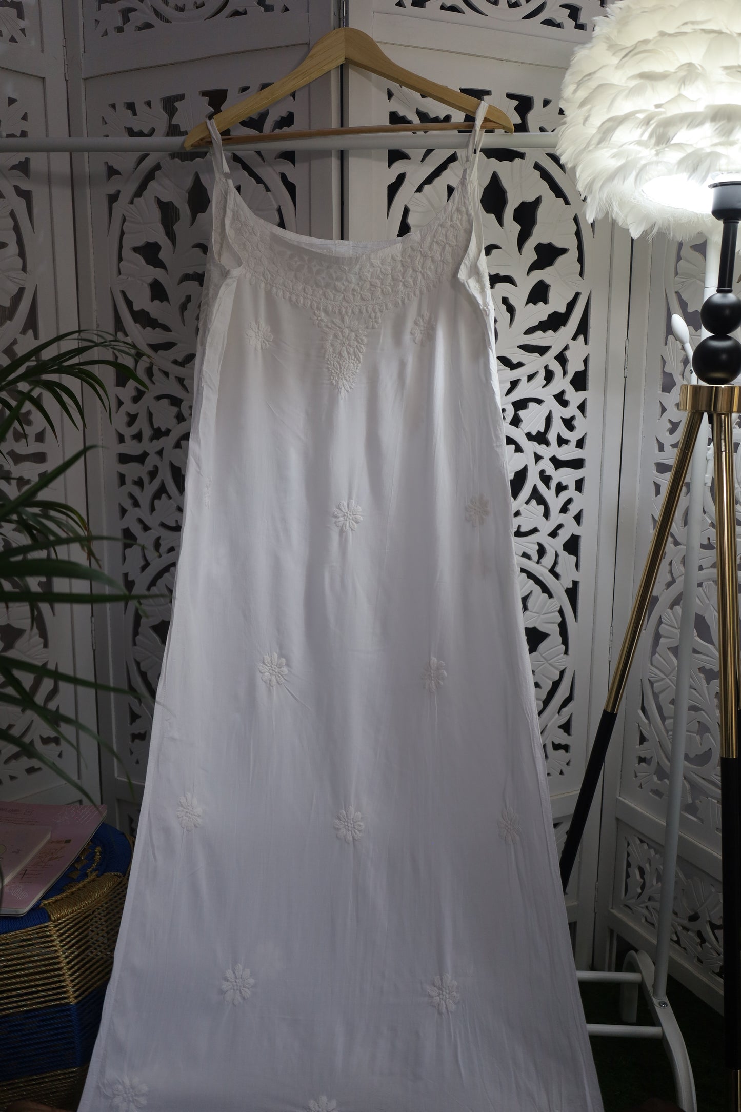 MODAL CHIKANKARI NOODLE STRAP KURTA- WHITE