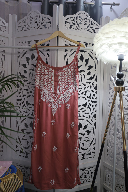MODAL CHIKANKARI NOODLE STRAP KURTA- BROWN