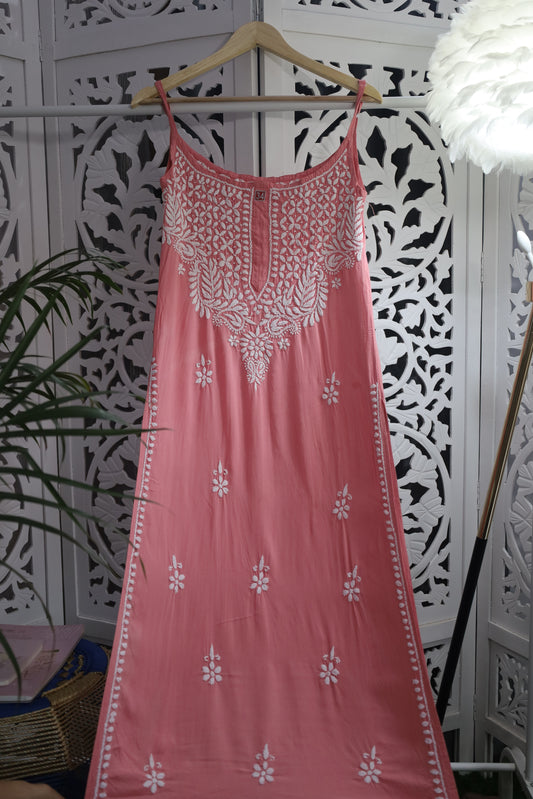 MODAL CHIKANKARI NOODLE STRAP KURTA- PEACH