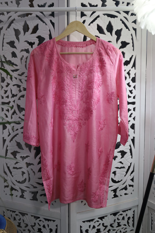CHANDERI CHIKANKARI SHORT KURTA- PINK
