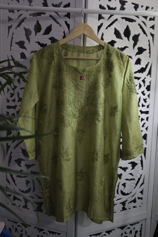 CHANDERI CHIKANKARI SHORT KURTA- GREEN