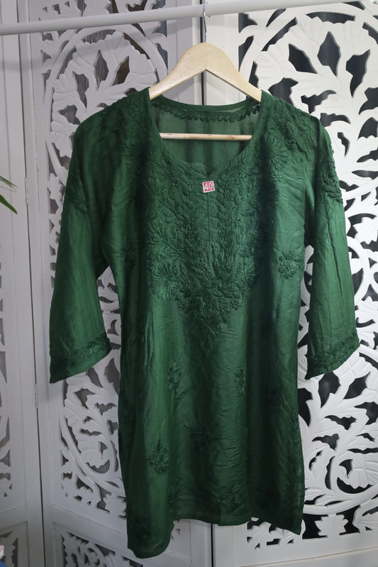 CHANDERI CHIKANKARI SHORT KURTA- DARK GREEN