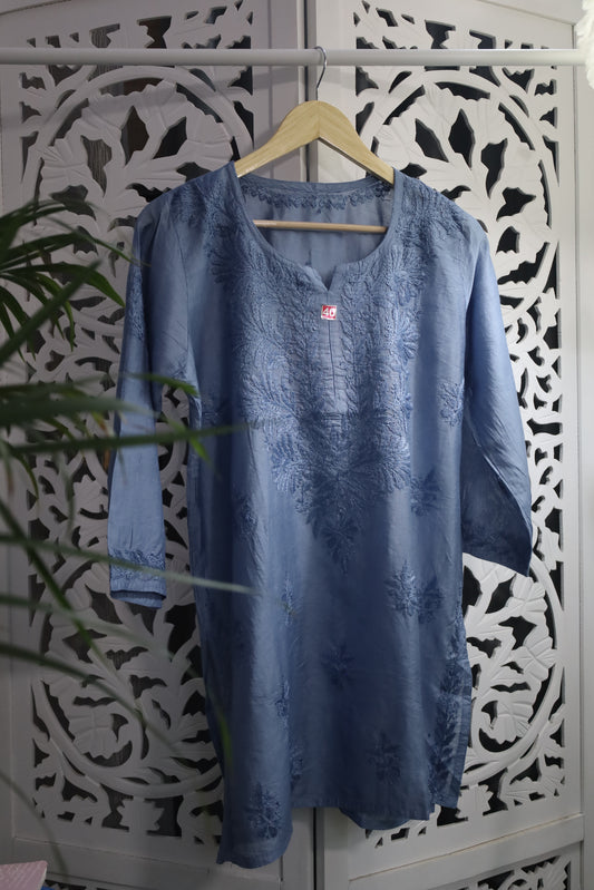 CHANDERI CHIKANKARI SHORT KURTA- BLUE