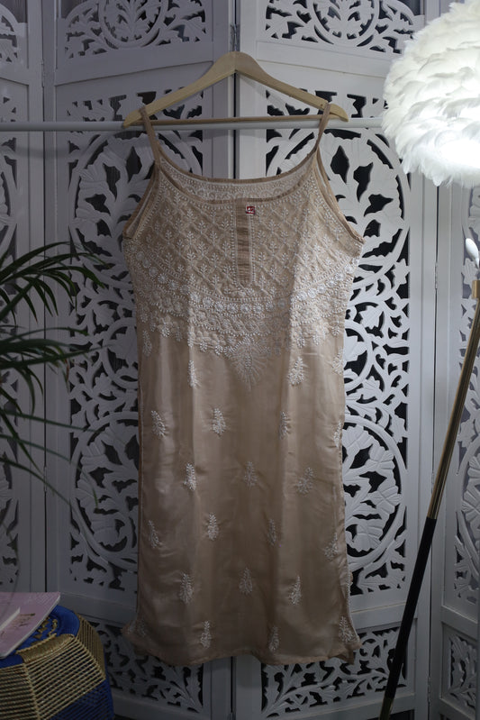 SHIMMER SILK CHIKANKARI NOODLE STRAP KURTA- PASTEL BROWN