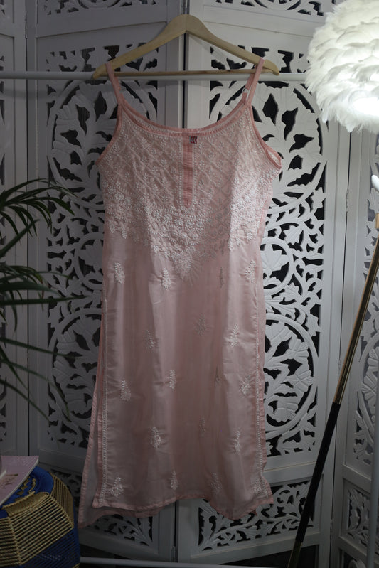 SHIMMER SILK CHIKANKARI NOODLE STRAP KURTA- BABY PINK