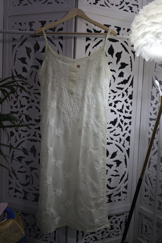 SHIMMER SILK CHIKANKARI NOODLE STRAP KURTA- PASTEL YELLOW