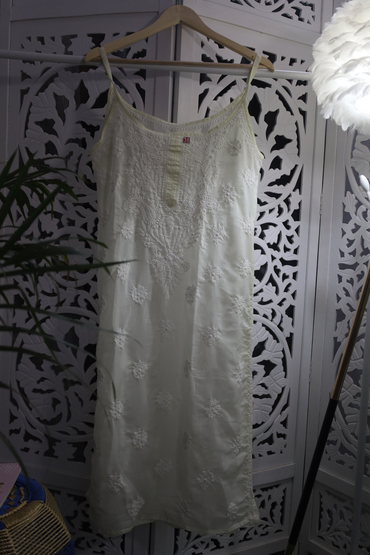 SHIMMER SILK CHIKANKARI NOODLE STRAP KURTA- PASTEL YELLOW