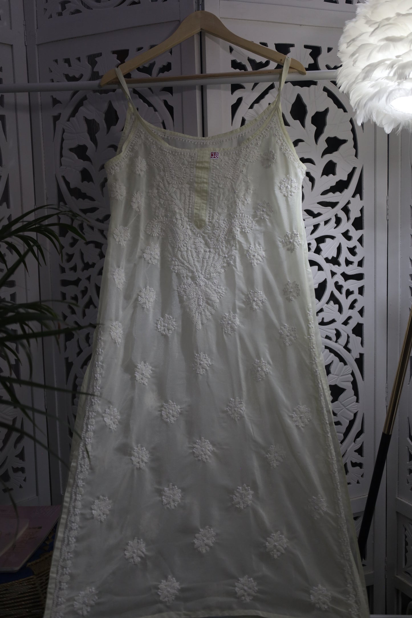 SHIMMER SILK CHIKANKARI NOODLE STRAP KURTA- PASTEL YELLOW