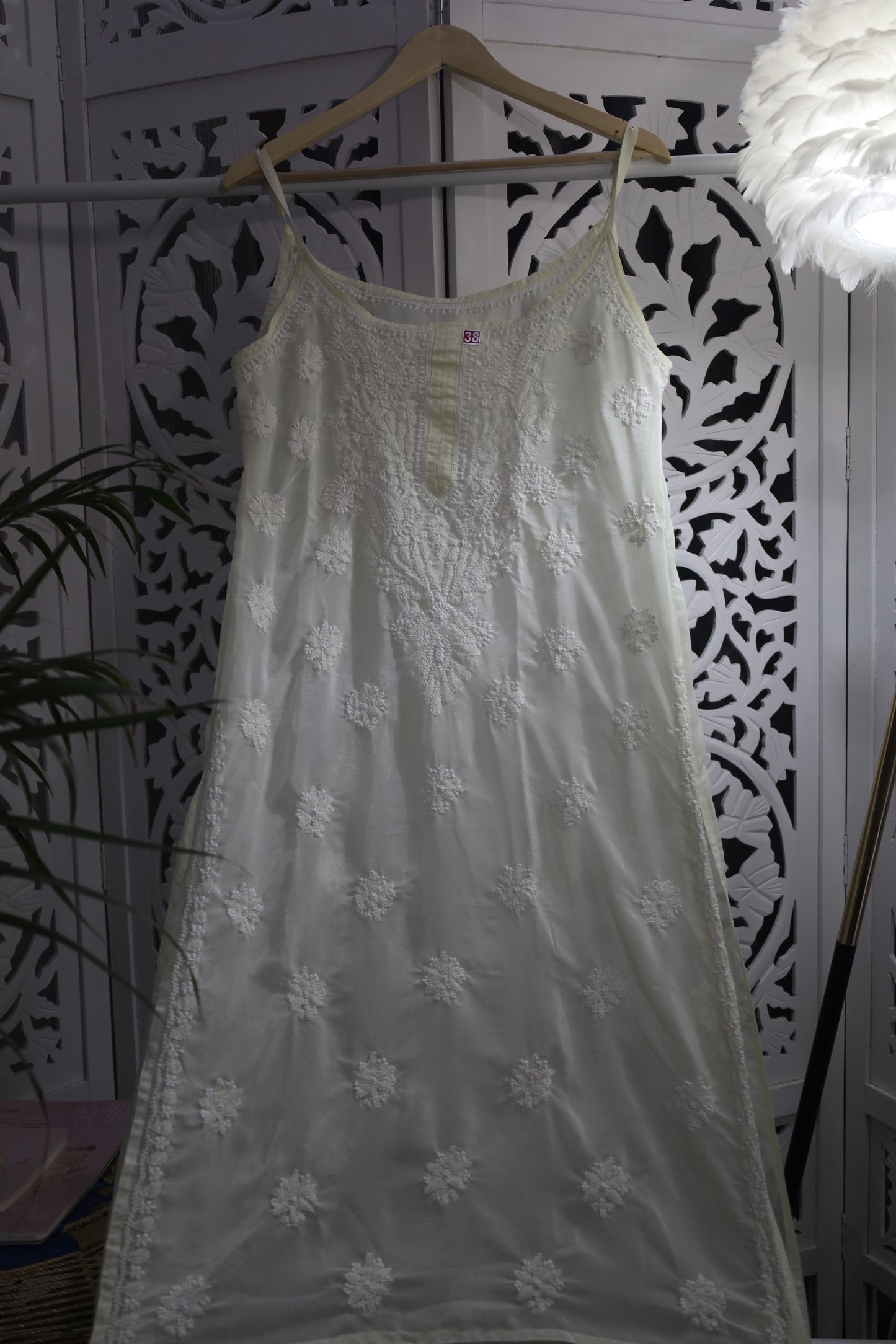 SHIMMER SILK CHIKANKARI NOODLE STRAP KURTA- PASTEL YELLOW