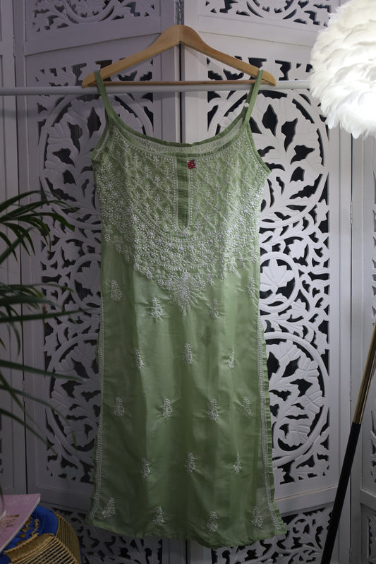 SHIMMER SILK CHIKANKARI NOODLE STRAP KURTA- GREEN