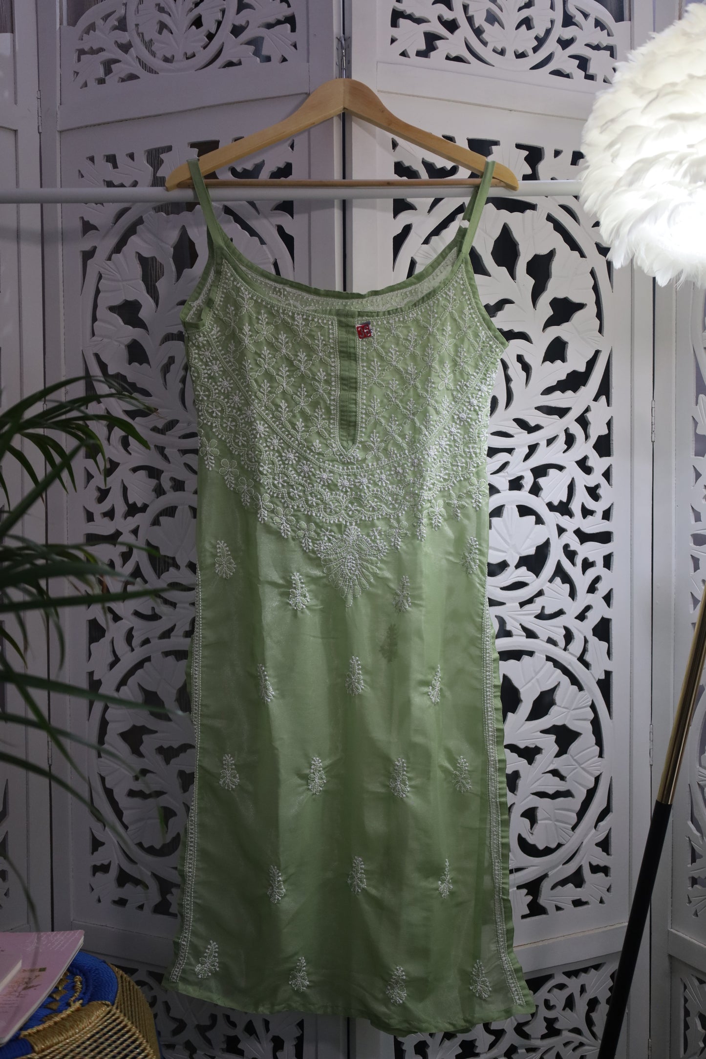 SHIMMER SILK CHIKANKARI NOODLE STRAP KURTA- GREEN