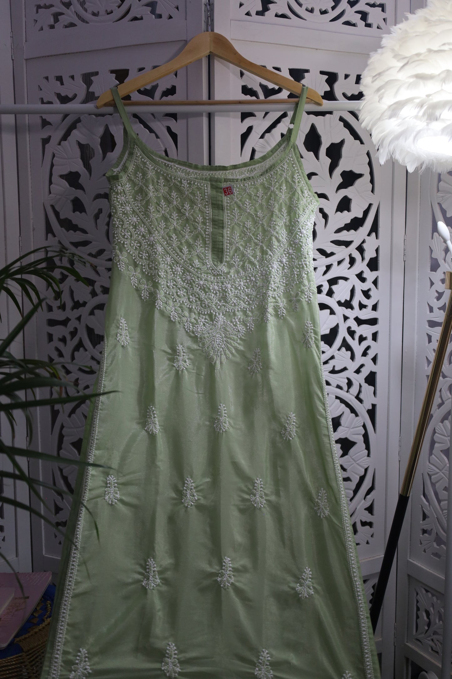 SHIMMER SILK CHIKANKARI NOODLE STRAP KURTA- GREEN
