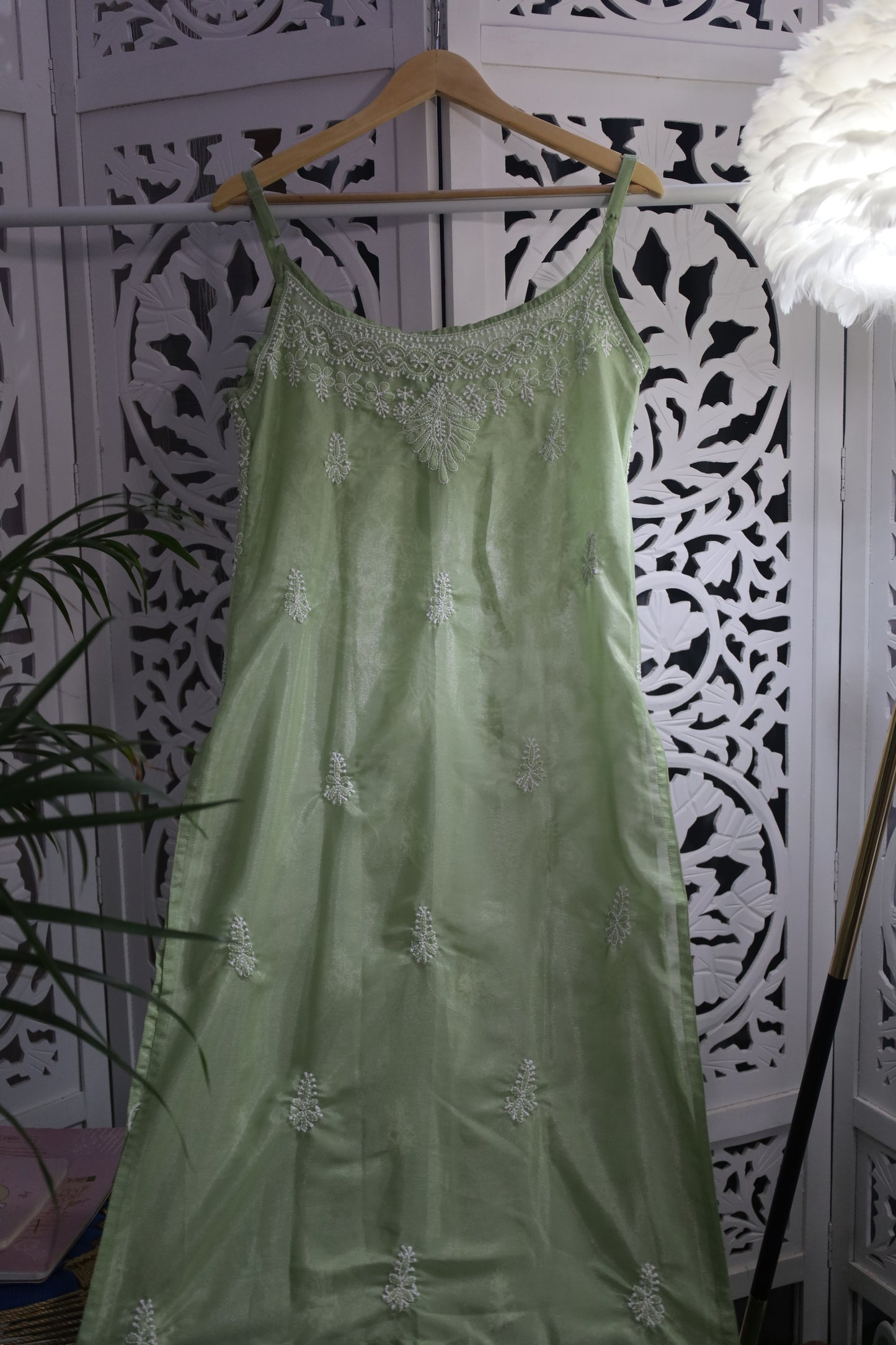 SHIMMER SILK CHIKANKARI NOODLE STRAP KURTA- GREEN