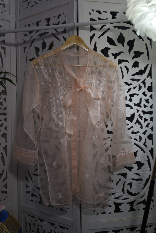 ORGANZA MUKAISH CHIKANKARI SHIRT- PASTEL PEACH