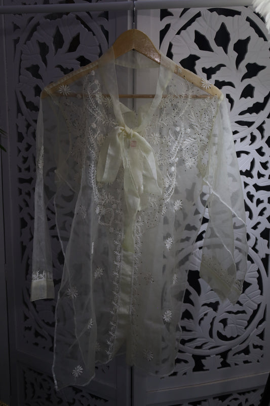 ORGANZA MUKAISH CHIKANKARI SHIRT- PASTEL YELLOW