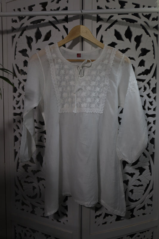 CHANDERI CHIKANKARI TOP NECK DESIGN- WHITE