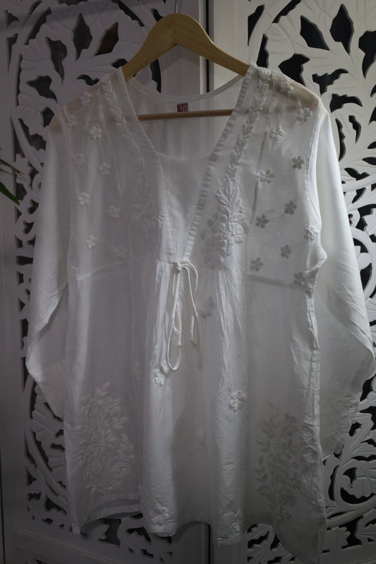 CHANDERI CHIKANKARI PEPLUM TOP- WHITE